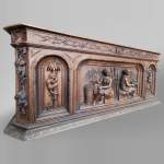 Exceptional oak shop counter with a decoration depicting coffee and cocoa trade, circa 1880