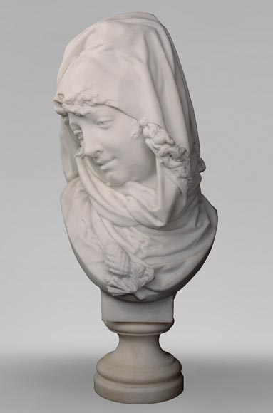 Albert-Ernest CARRIER-BELLEUSE (1824 - 1887) « Allegory of Winter » bust in Carrara marble-0