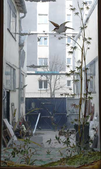 Stained glass window with grey heron-1