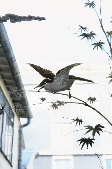 Stained glass window with grey heron-3