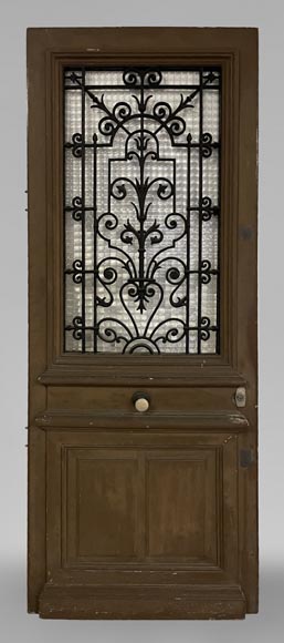 Oak front door with glass opening and wrought iron, 20th century-0