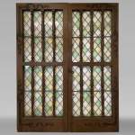 Double door in oak and stained glass, 20th century