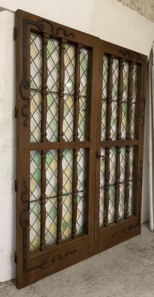 Double door in oak and stained glass, 20th century-1