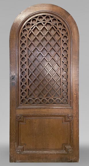 Oak entrance door with open decoration and curved top-0