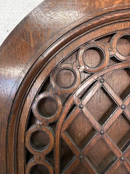 Oak entrance door with open decoration and curved top-4