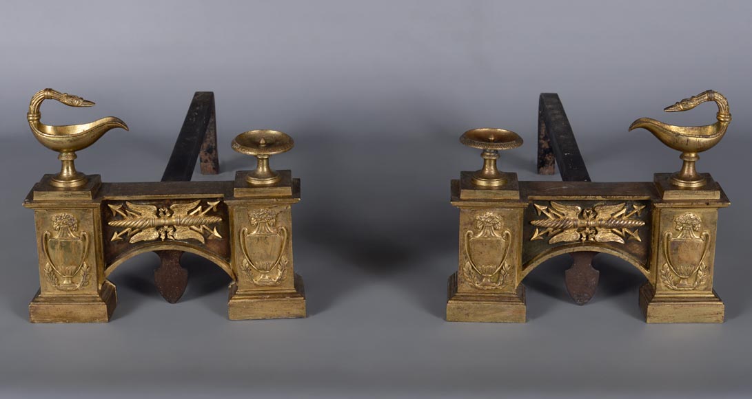 Pair of gilt bronze Empire style firedogs with oil lamps-1