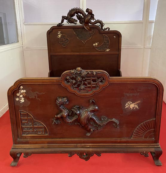 Maison des Bambous, Alfred PERRET et Ernest VIBERT (attributed to)- Japanese bed with dragon-tigers-3