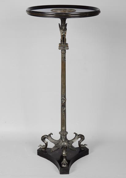 Small Neo-classical style pedestal table in patinated bronze and Noir Fin of Belgique marble with sphinges decoration and lizard-0