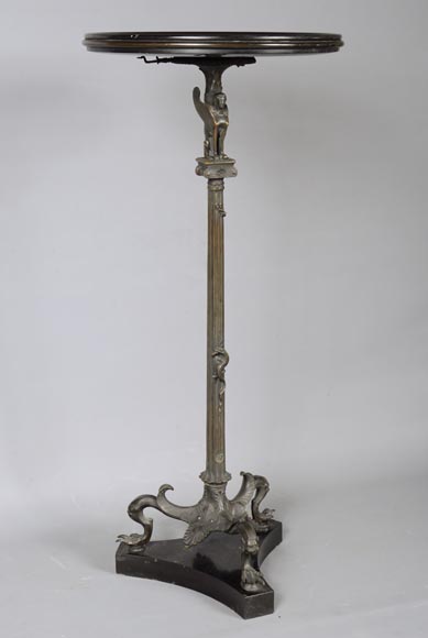 Small Neo-classical style pedestal table in patinated bronze and Noir Fin of Belgique marble with sphinges decoration and lizard-1