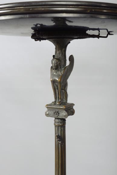 Small Neo-classical style pedestal table in patinated bronze and Noir Fin of Belgique marble with sphinges decoration and lizard-4