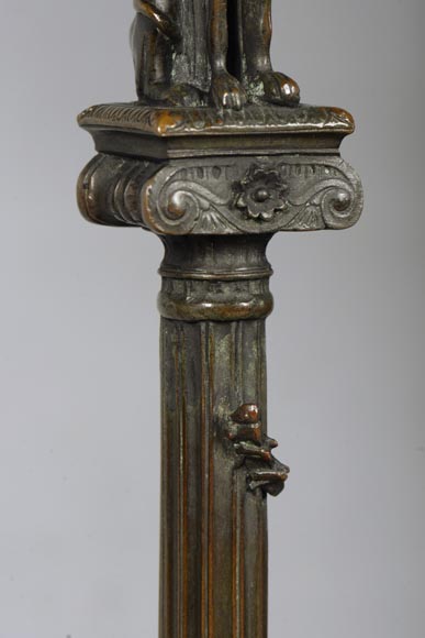 Small Neo-classical style pedestal table in patinated bronze and Noir Fin of Belgique marble with sphinges decoration and lizard-6