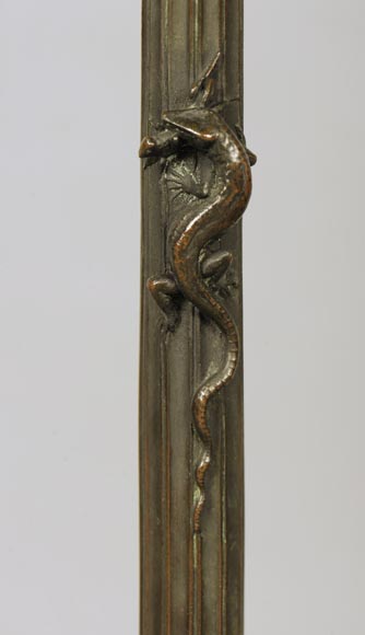 Small Neo-classical style pedestal table in patinated bronze and Noir Fin of Belgique marble with sphinges decoration and lizard-7
