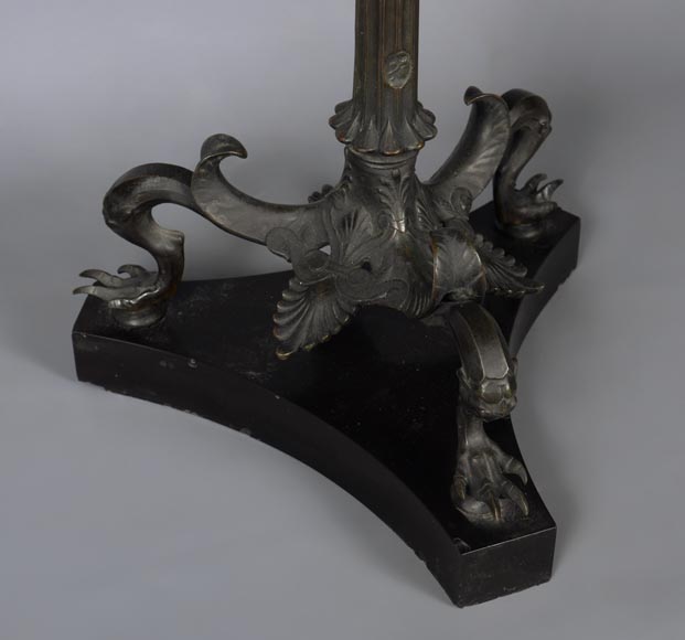 Small Neo-classical style pedestal table in patinated bronze and Noir Fin of Belgique marble with sphinges decoration and lizard-8