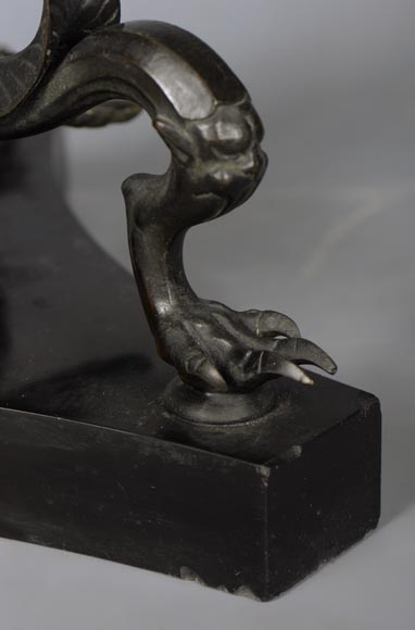 Small Neo-classical style pedestal table in patinated bronze and Noir Fin of Belgique marble with sphinges decoration and lizard-9