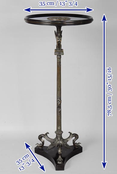 Small Neo-classical style pedestal table in patinated bronze and Noir Fin of Belgique marble with sphinges decoration and lizard-10