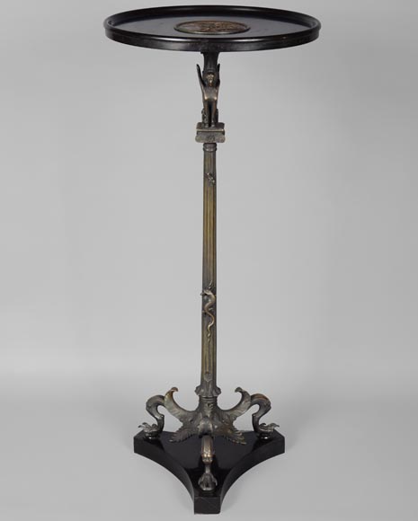 Small Neo-classical style pedestal table in patinated bronze and Noir Fin of Belgique marble with sphinges decoration and lizard-0
