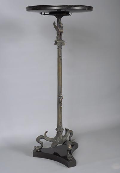 Small Neo-classical style pedestal table in patinated bronze and Noir Fin of Belgique marble with sphinges decoration and lizard-1