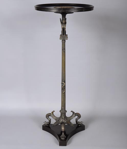 Small Neo-classical style pedestal table in patinated bronze and Noir Fin of Belgique marble with sphinges decoration and lizard-2