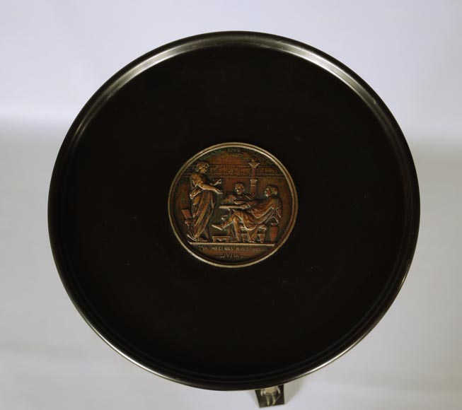 Small Neo-classical style pedestal table in patinated bronze and Noir Fin of Belgique marble with sphinges decoration and lizard-3
