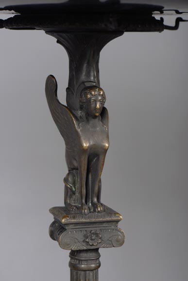 Small Neo-classical style pedestal table in patinated bronze and Noir Fin of Belgique marble with sphinges decoration and lizard-5