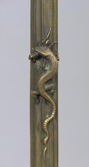 Small Neo-classical style pedestal table in patinated bronze and Noir Fin of Belgique marble with sphinges decoration and lizard-6