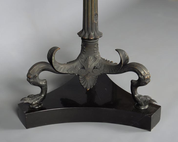 Small Neo-classical style pedestal table in patinated bronze and Noir Fin of Belgique marble with sphinges decoration and lizard-8