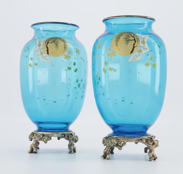 BACCARAT CRISTALLERIE and Eugène ROUSSEAU (model by), Pair of vases « Clair de Lune » in blue crystal and gilt bronze mount, circa 1875-1890-0