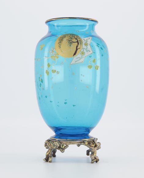 BACCARAT CRISTALLERIE and Eugène ROUSSEAU (model by), Pair of vases « Clair de Lune » in blue crystal and gilt bronze mount, circa 1875-1890-1
