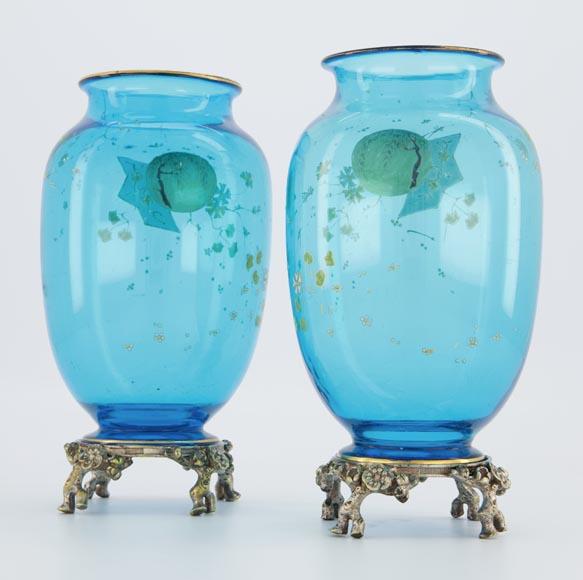 BACCARAT CRISTALLERIE and Eugène ROUSSEAU (model by), Pair of vases « Clair de Lune » in blue crystal and gilt bronze mount, circa 1875-1890-8