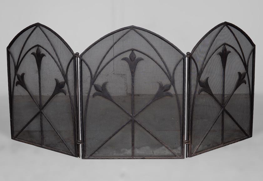 Wrought iron triptych firescreen with fleurs-de-lys-0