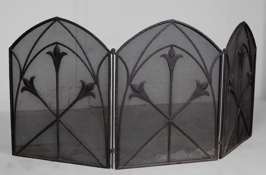 Wrought iron triptych firescreen with fleurs-de-lys-1