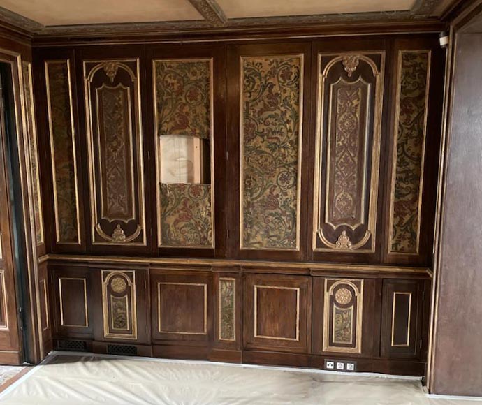 Paneled room with velvet and Cordove leather decoration, 19th century-0