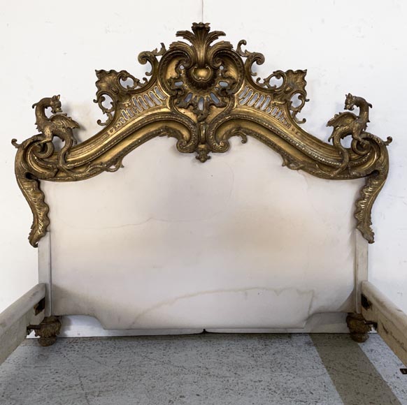 Gilt and sculpted wood bed with a very rich Rococo decoration and dragons coming from Marlène Dietrich's Parisian appartment-3