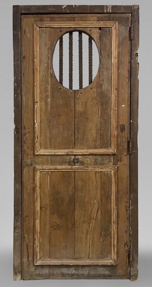 Small antique and simple door in oak with an oval opening-0