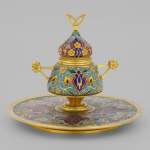 F. BARBEDIENNE - Small bronze inkwell with a cloisonne decor