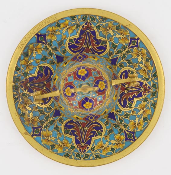 F. BARBEDIENNE - Small bronze inkwell with a cloisonne decor