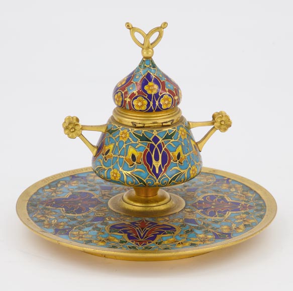 F. BARBEDIENNE - Small bronze inkwell with a cloisonne decor-1