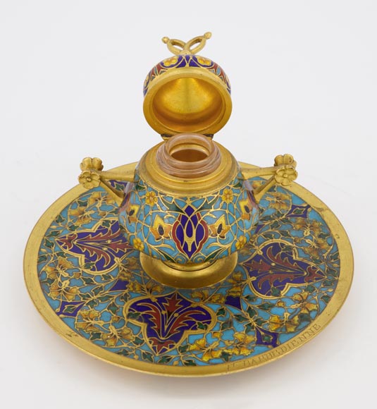 F. BARBEDIENNE - Small bronze inkwell with a cloisonne decor-9