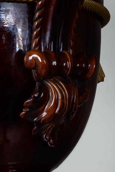 Monumental Napoleon III style vase in ceramic, bronze and blackened wood-5