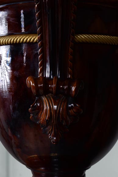 Monumental Napoleon III style vase in ceramic, bronze and blackened wood-6