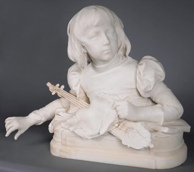 René ROZET « Young musician with a mandolin », statuary marble sculpture, late 19th century-1