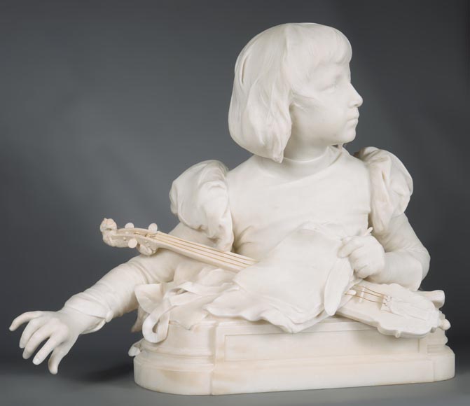 René ROZET « Young musician with a mandolin », statuary marble sculpture, late 19th century-3