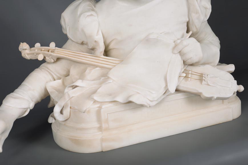 René ROZET « Young musician with a mandolin », statuary marble sculpture, late 19th century-6