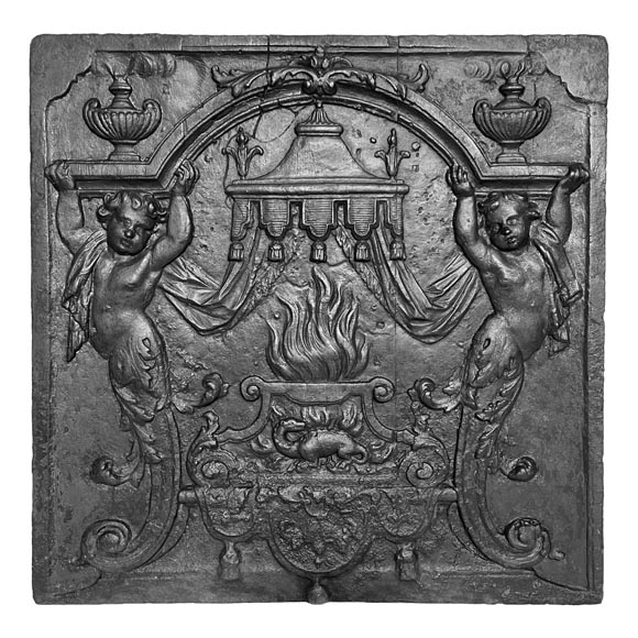 18th-century fireplace plaque with a salamander and two atlantes supporting an entablature with fire vases-0