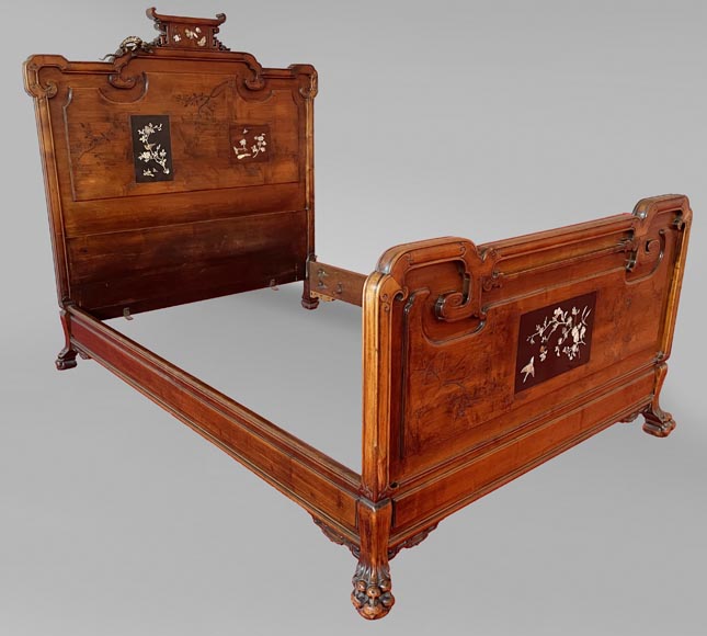 Antique Japanese bed with an ivory inlaid decoration, late 19th century-0