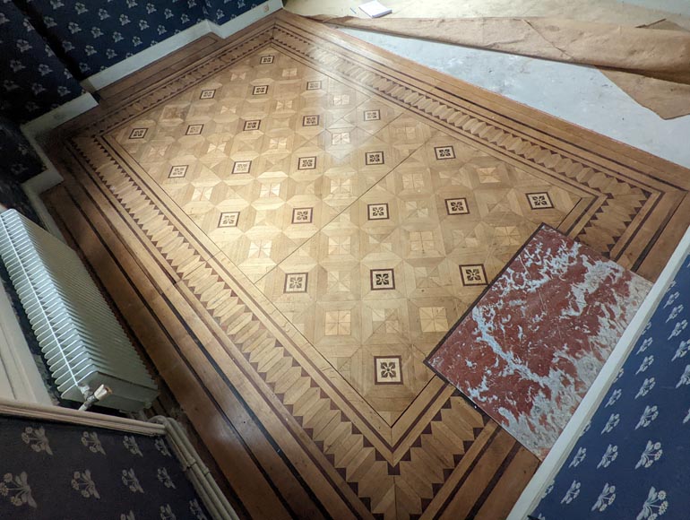 Parquet flooring with wood marquetery depicting diamond shapes and stylized flowers, late 19th century-3