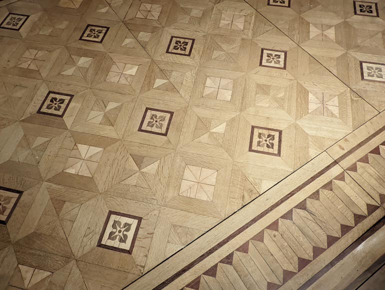 Parquet flooring with wood marquetery depicting diamond shapes and stylized flowers, late 19th century-4