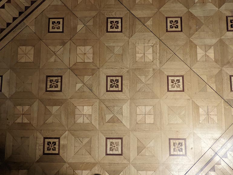 Parquet flooring with wood marquetery depicting diamond shapes and stylized flowers, late 19th century-5