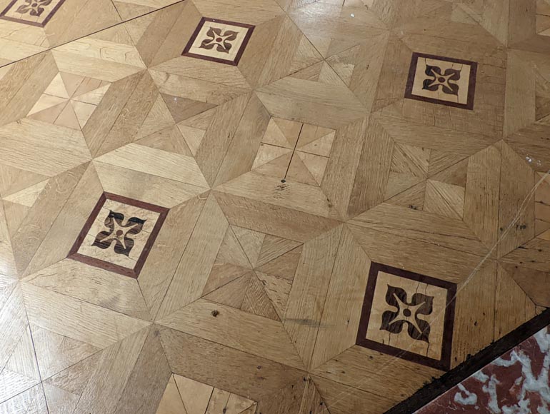 Parquet flooring with wood marquetery depicting diamond shapes and stylized flowers, late 19th century-6