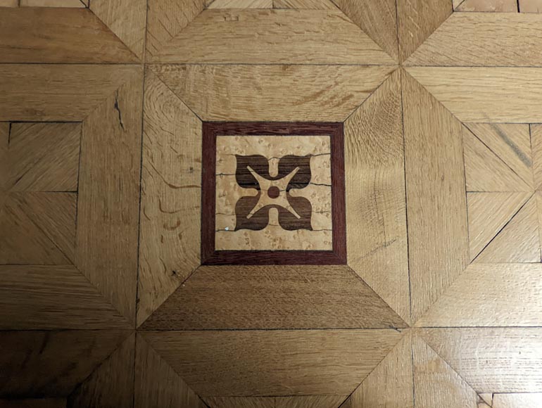 Parquet flooring with wood marquetery depicting diamond shapes and stylized flowers, late 19th century-9
